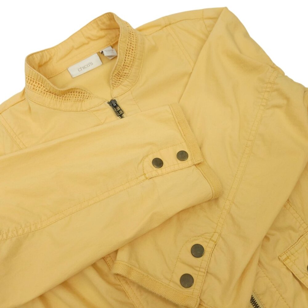 Chicos Full Zip  Jacket Size 1 US 8/M Crochet Accent 3/4 Sleeve Light Yellow